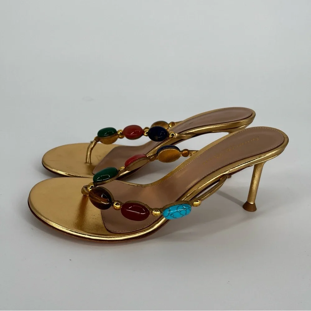 Gianvito Rossi Shanti Thong 70 Sandals Gold Jeweled Size 9 - Picture 3 of 14